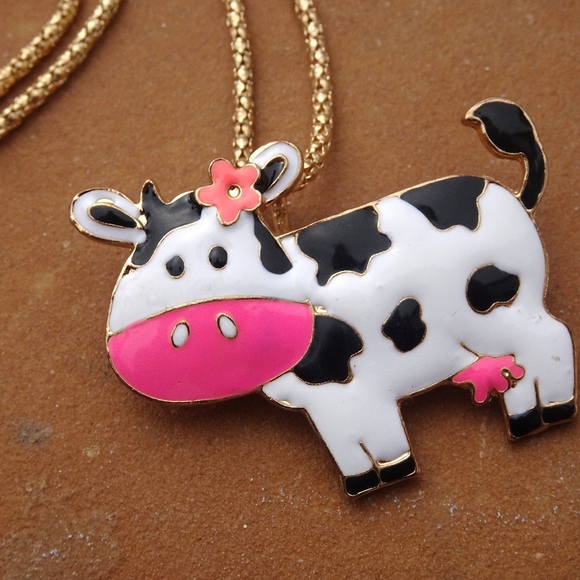 Country Kawaii Enamel Cow Pin Pendant Vegan Statement Necklace / Brooch - Picture 7 of 8
